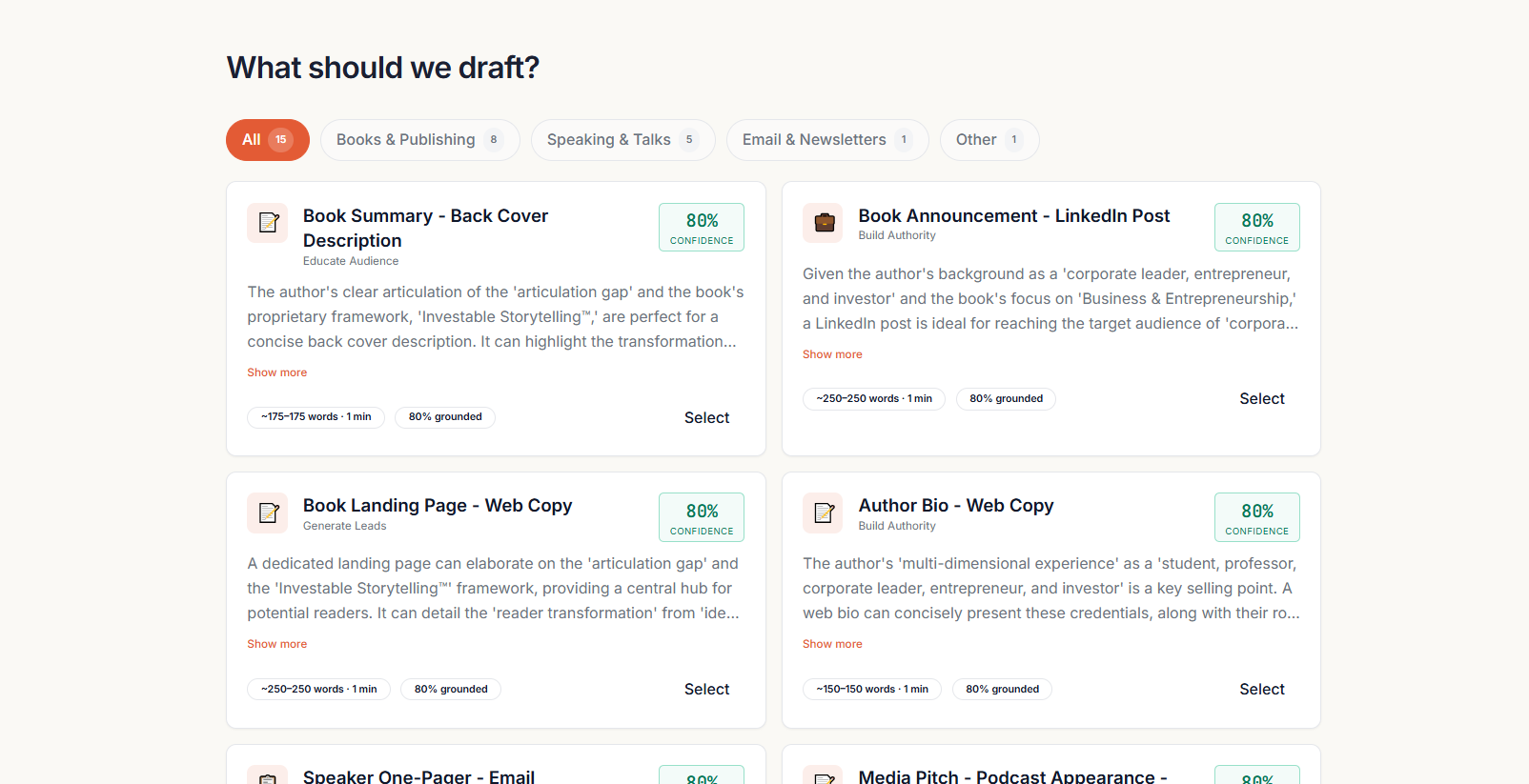 Chapters Create tab showing suggested content drafts with confidence scores