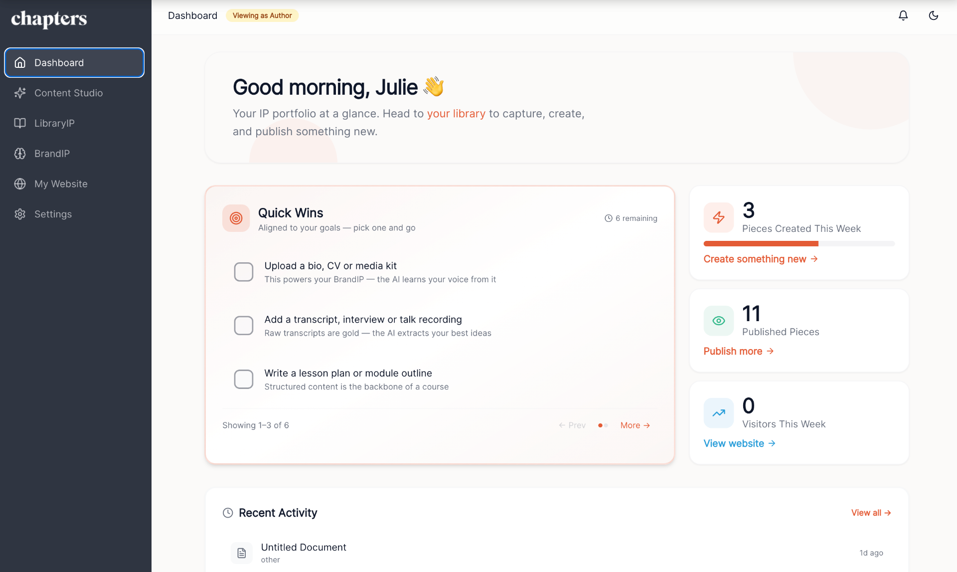 Chapters dashboard — your command center